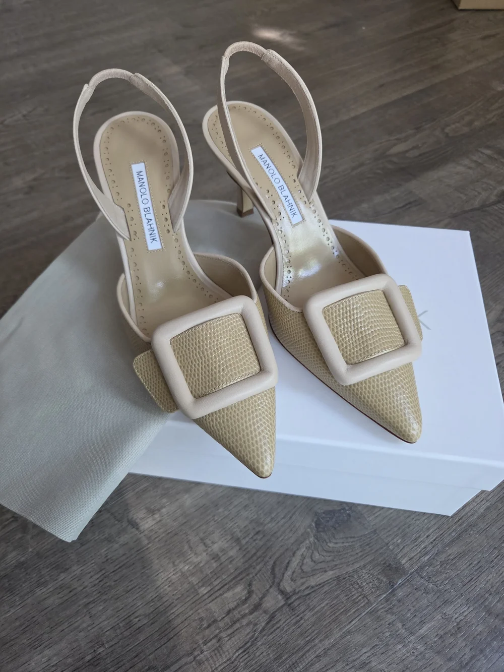 Light Beige Calf Leather Buckle Detail Slingback Pumps - Picture 8 of 10